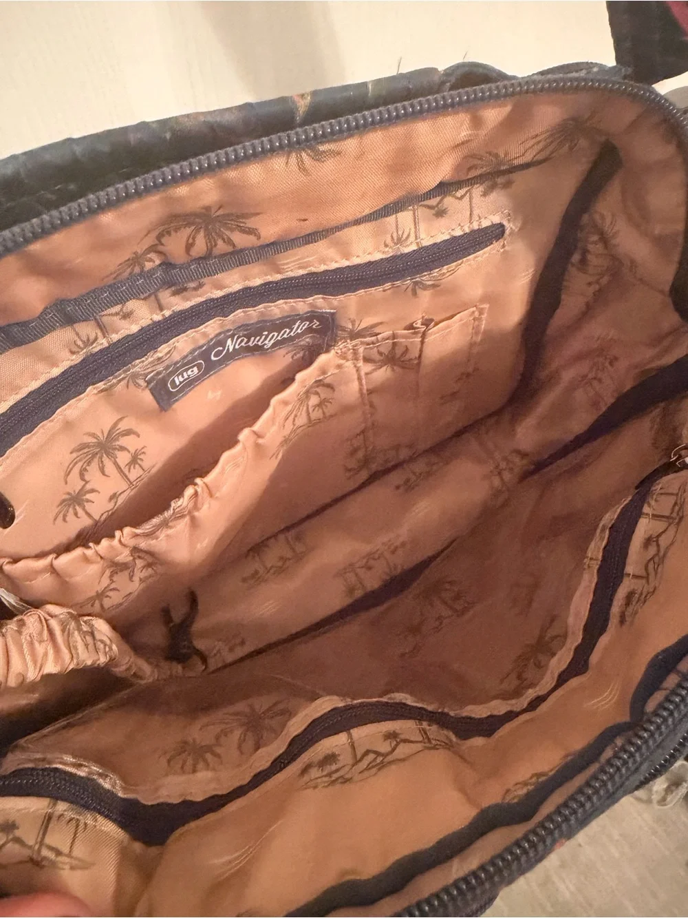 lug Quilted Navy Navigator Crossbody with Tropical Leaf Accent